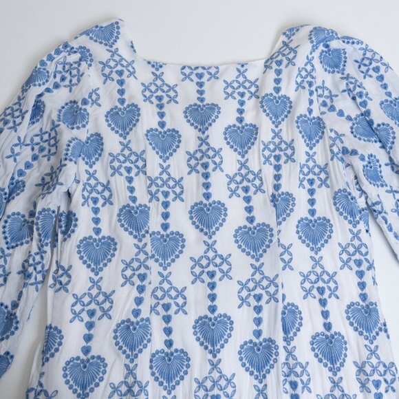 Johnny Was Dress White With Blue Embroidered Hearts Eyelet Button Up Boho Large - Picture 12 of 16